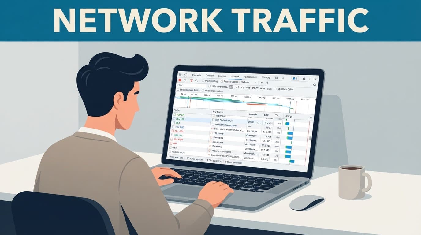 One person studies network traffic tools on a laptop beneath a bold colored banner.
