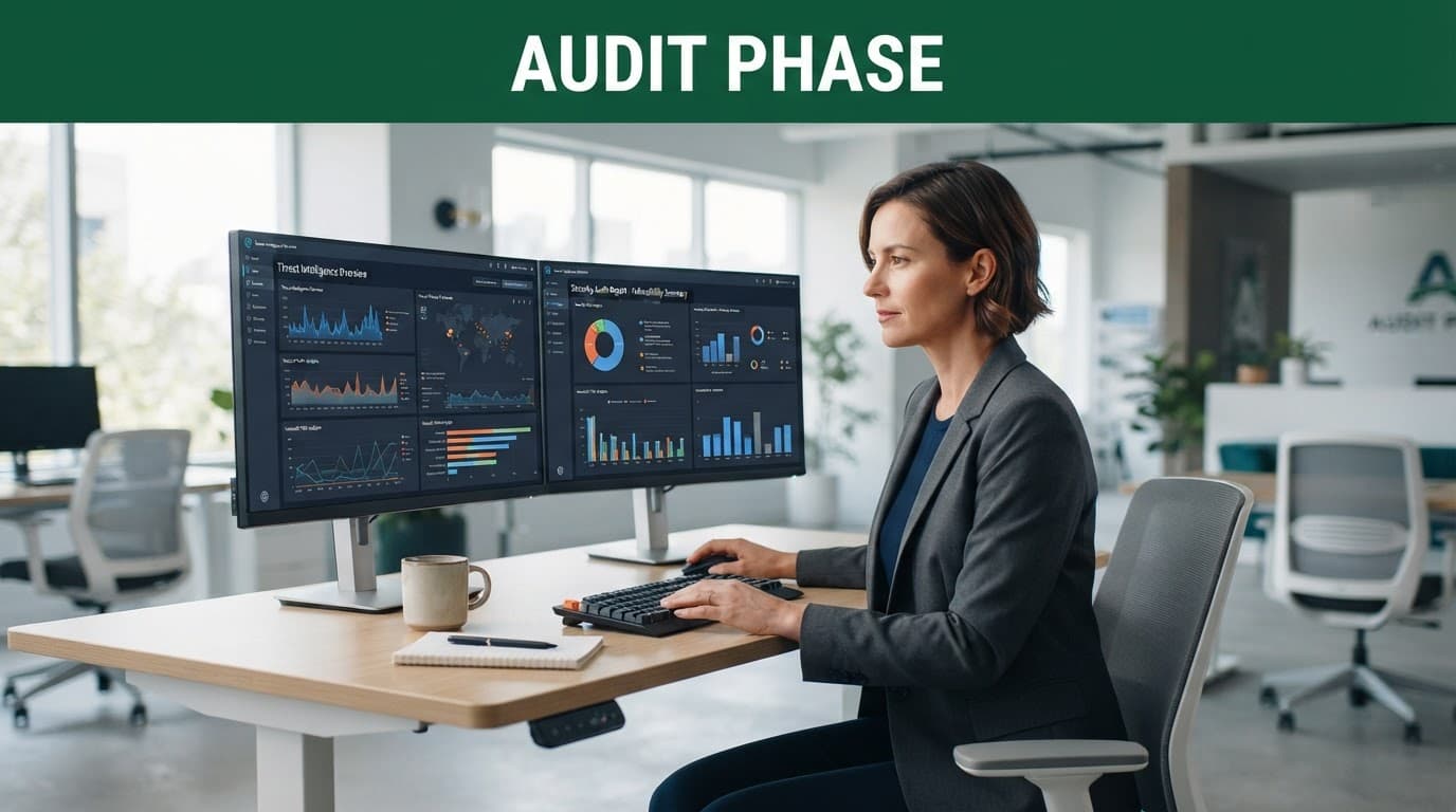 A professional reviewing cybersecurity dashboards on two monitors in a modern office.