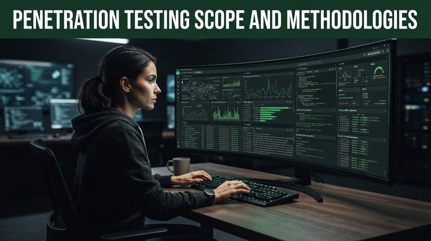 A cybersecurity analyst reviews abstract network logs on a high-resolution display.