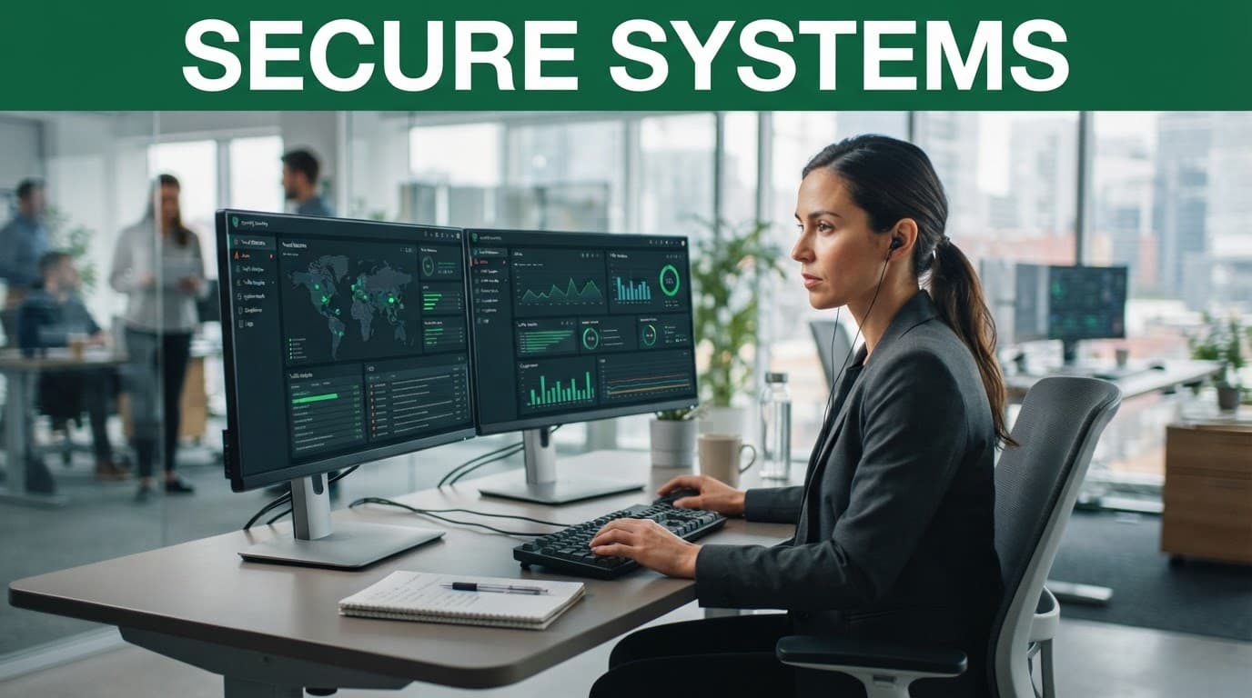 A cybersecurity professional reviews network data on two monitors in a modern office.