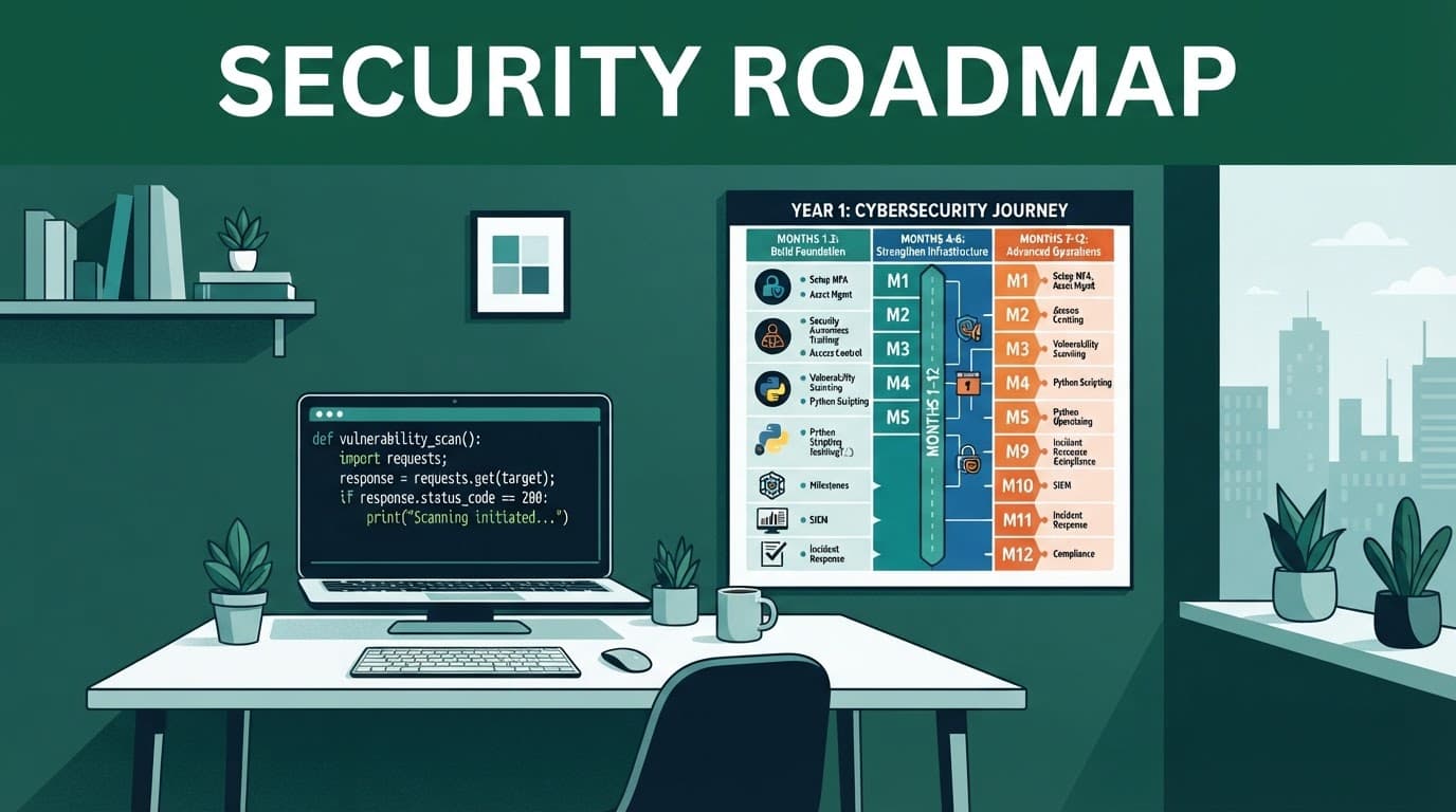 Computer screen showing Python code beside a 12-month cybersecurity roadmap.
