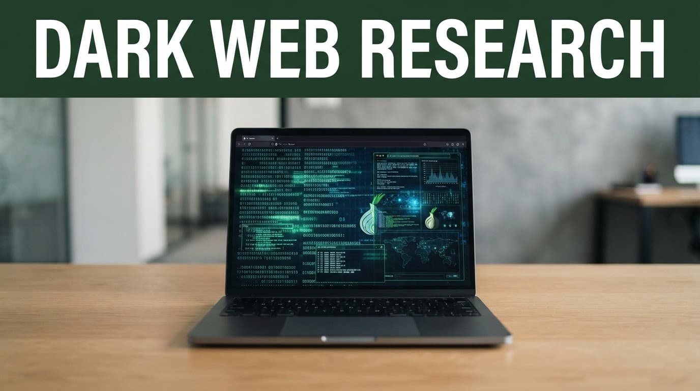 A laptop shows encrypted code beneath a dark-green Dark Web Research headline.
