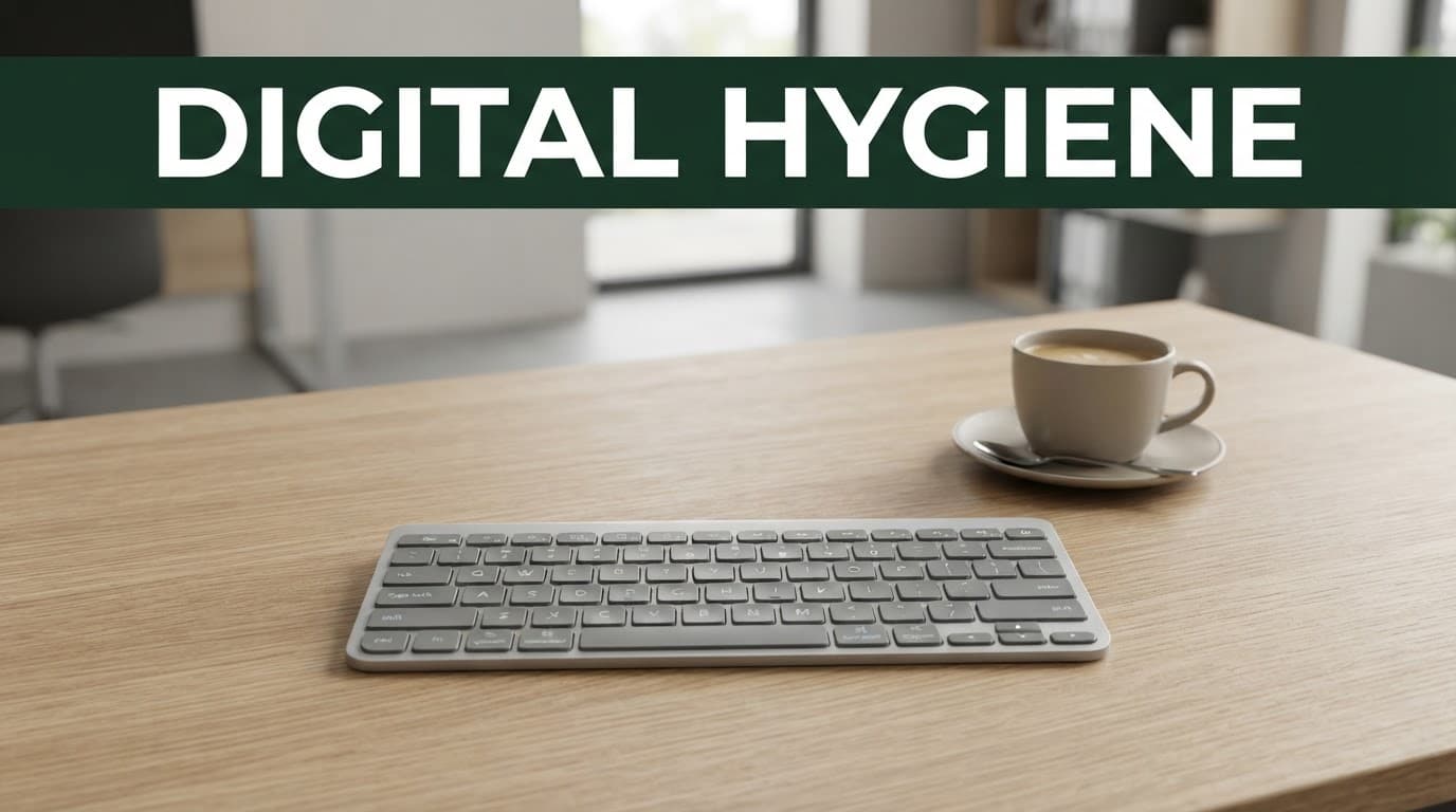 A modern desk with one keyboard and coffee cup beneath a dark-green Digital Hygiene banner.