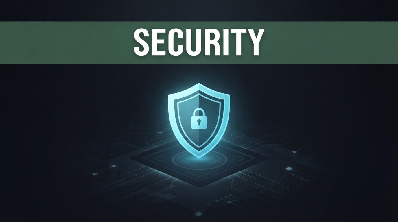 A glowing shield sits beneath a green Security banner on a dark background.