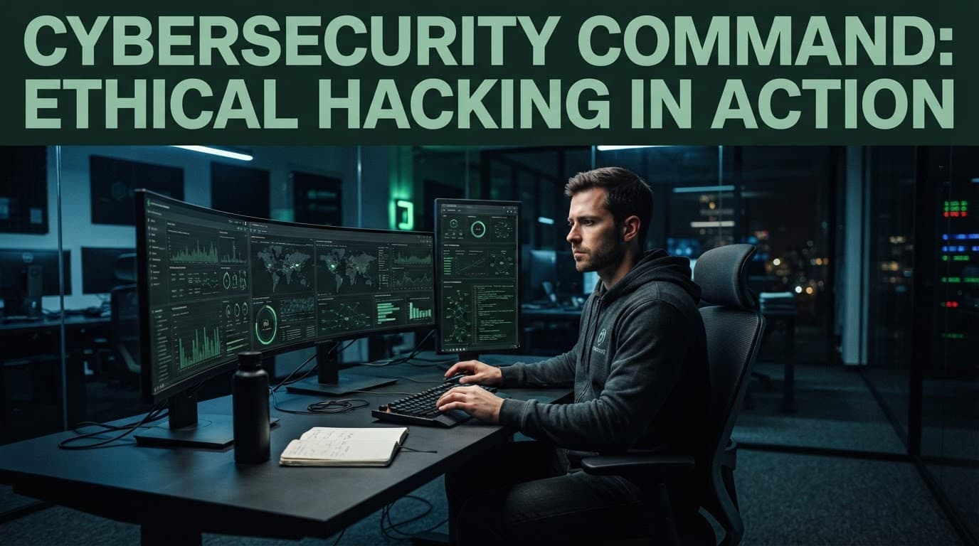 One professional reviews data graphs across multiple monitors in a modern cybersecurity office.
