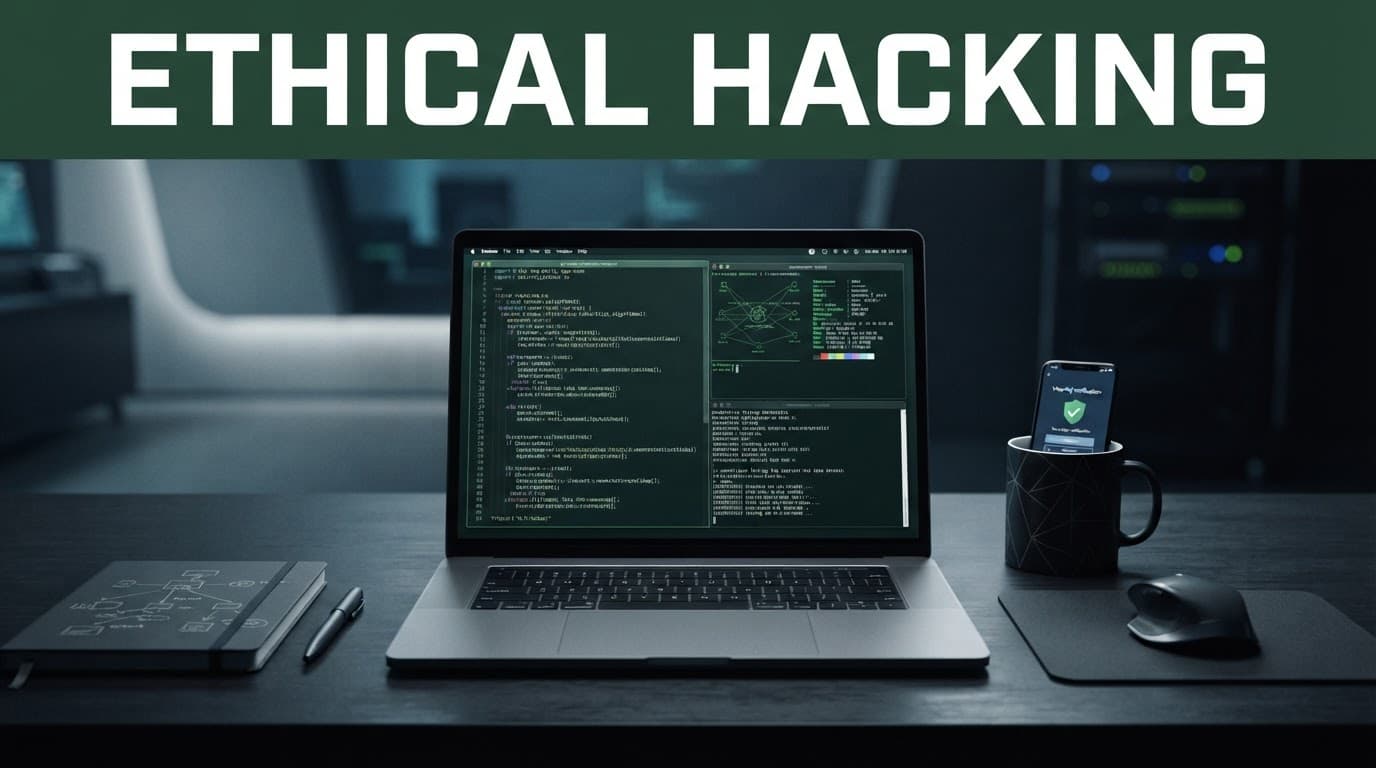 Laptop showing security code beneath an Ethical Hacking headline.