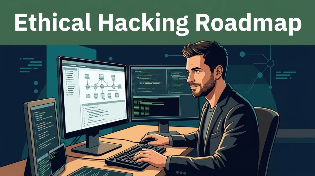 An ethical hacker reviews network diagrams and code at a modern workstation.