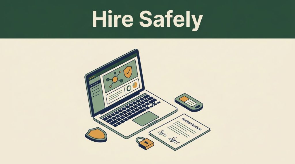Laptop with a secure network dashboard beside an authorization document, shield token, and padlock.