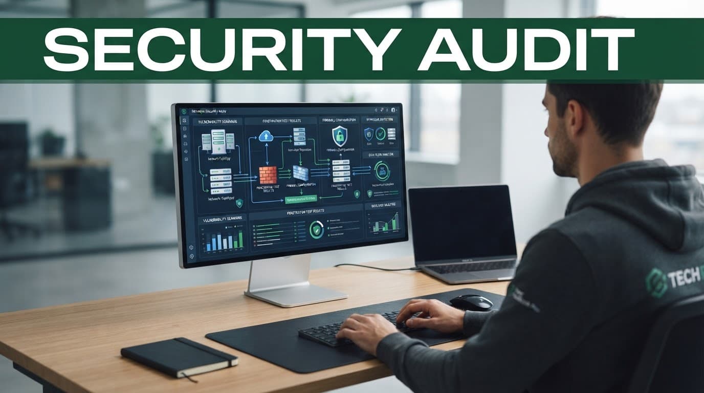 Minimalist workstation with network diagrams beneath a dark-green Security Audit banner.