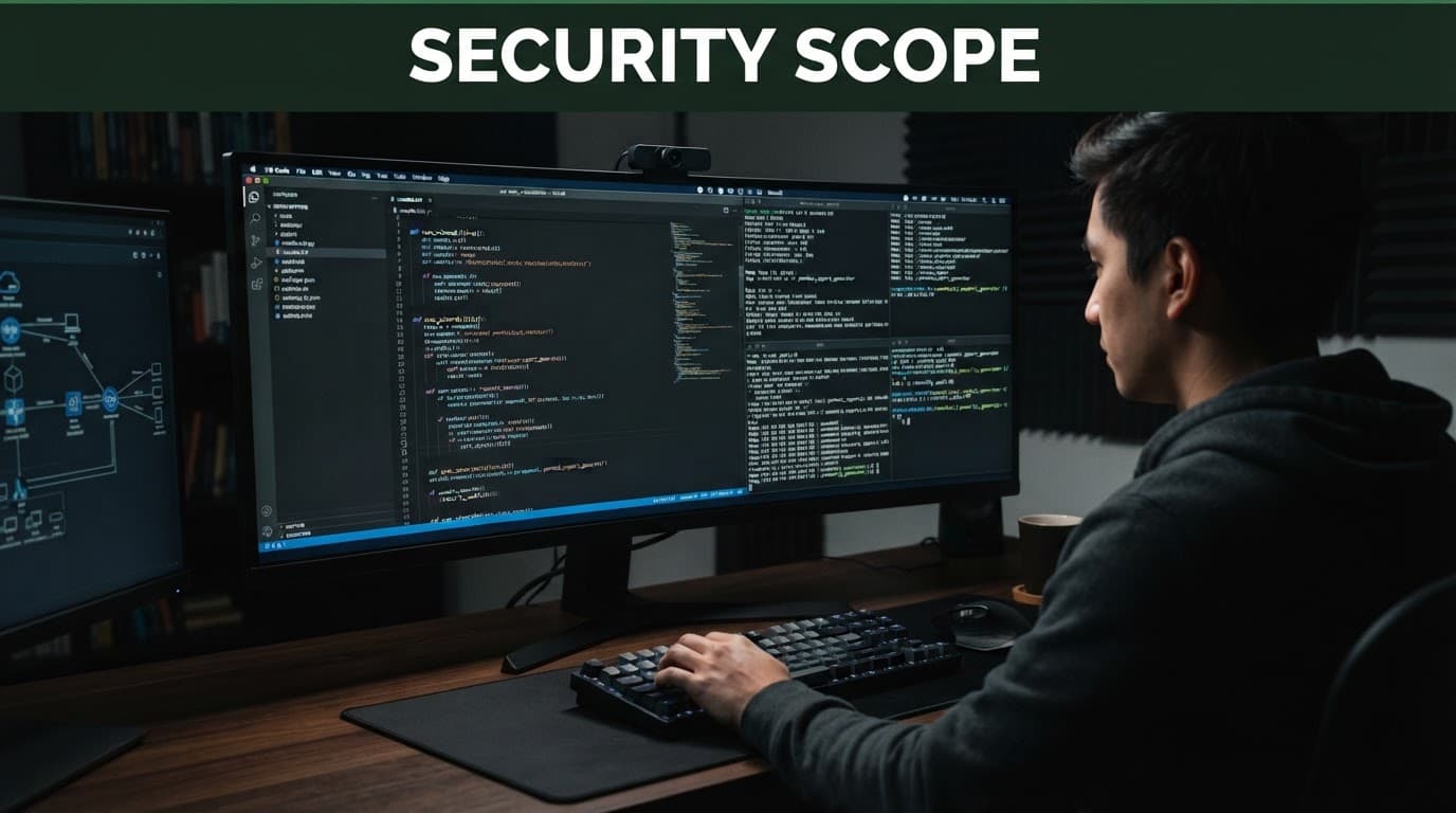 A person views code and terminal windows on a computer screen in a dim workspace.