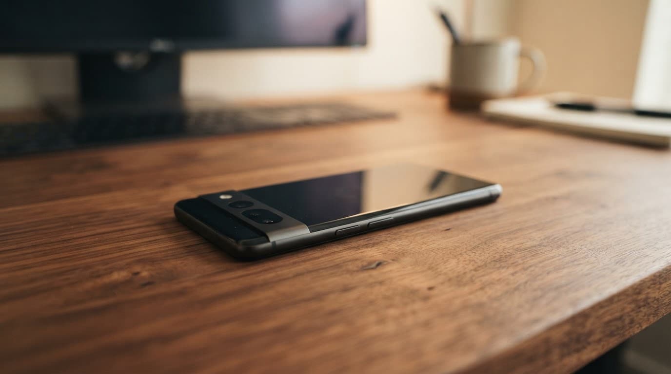 A smartphone resting on a wooden desk in soft office lighting.