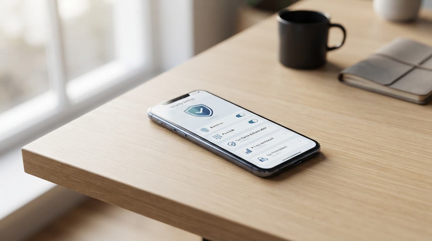 A smartphone showing security settings on a clean desk.
