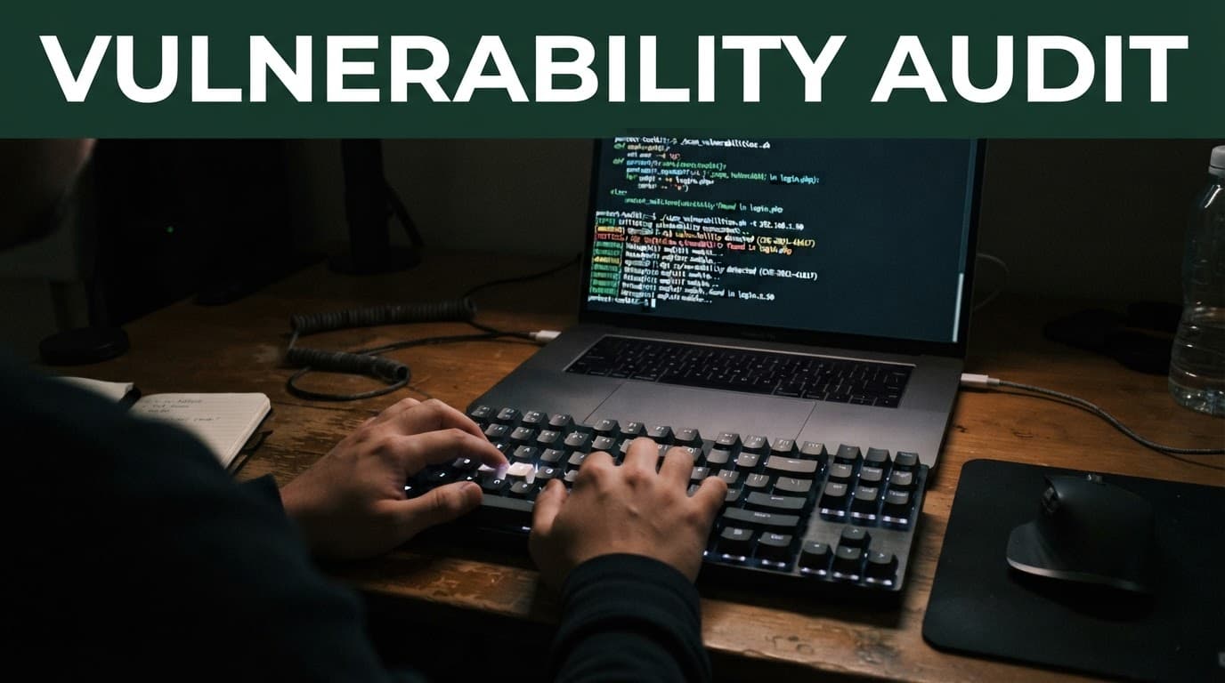 Keyboard and code-filled terminal screen beneath a dark green audit banner.